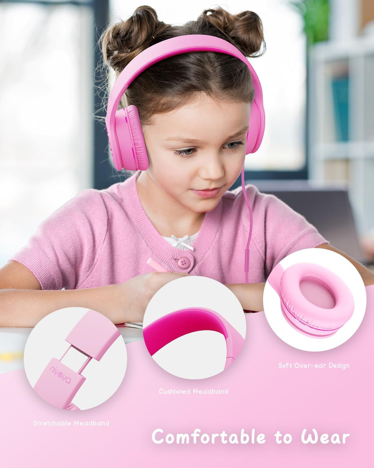 Wired Headphones with Microphone, K16 On-Ear Headphones for Kids with 3.5MM Jack, Foldable Stereo Bass Headphones for Teens School Amazon Kindle, Fire, Chromebook, Tablet(Pink Red)