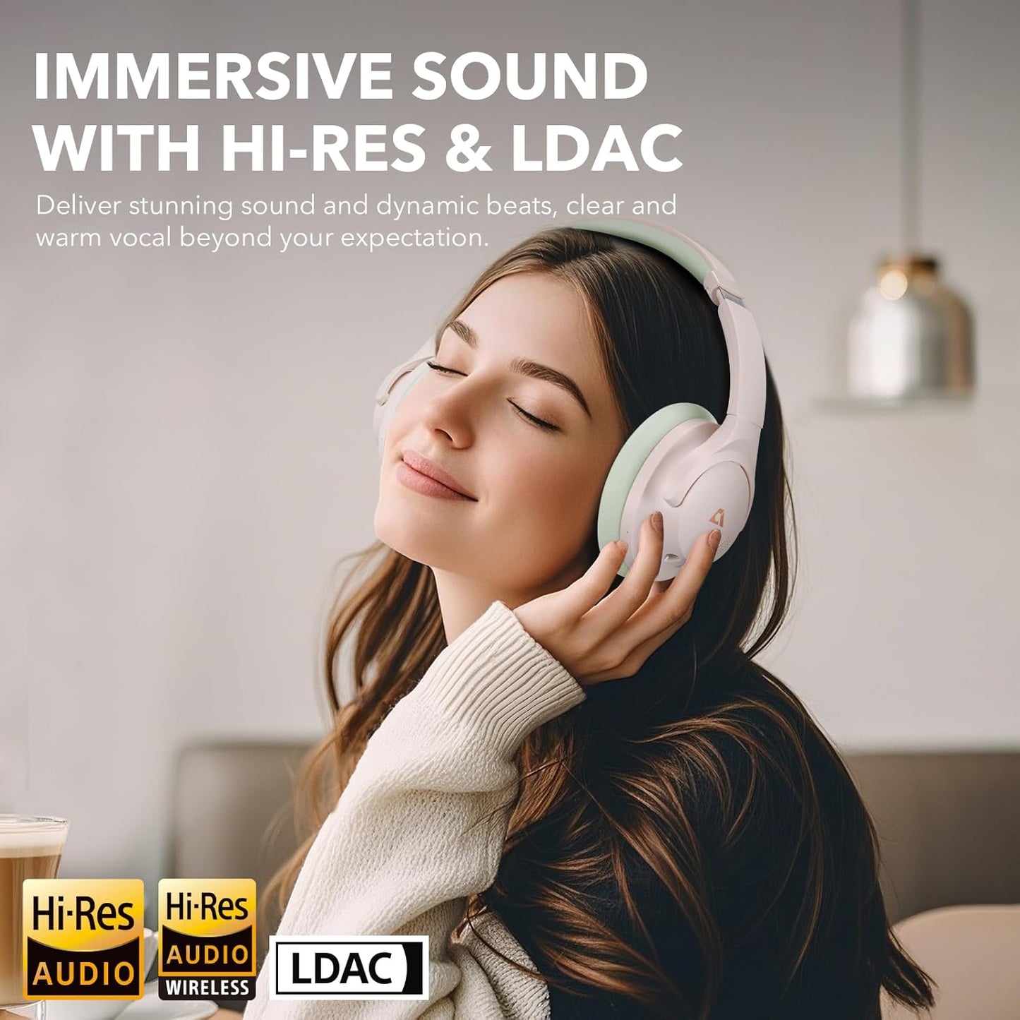 Y8+ Noise Cancelling Headphones Bluetooth, Wireless LDAC Hi-Res Audio, Custom EQ via App, 75H Playtime, Comfort Fit, over Ear Headphones Foldable for Airplane Travel Home Office Beige Green