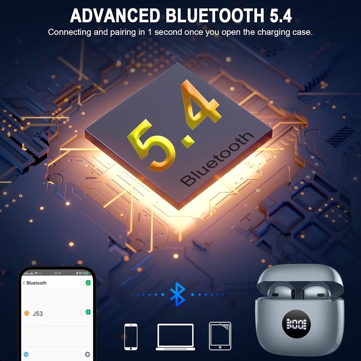 Wireless Earbuds, Bluetooth 5.3 Ear Buds LED Power Display Headphones Bass Stereo, Bluetooth Earbuds In-Ear Noise Cancelling Mic, 40H Playback Mini Case IP7 Waterproof Sports Earphones for Android Ios