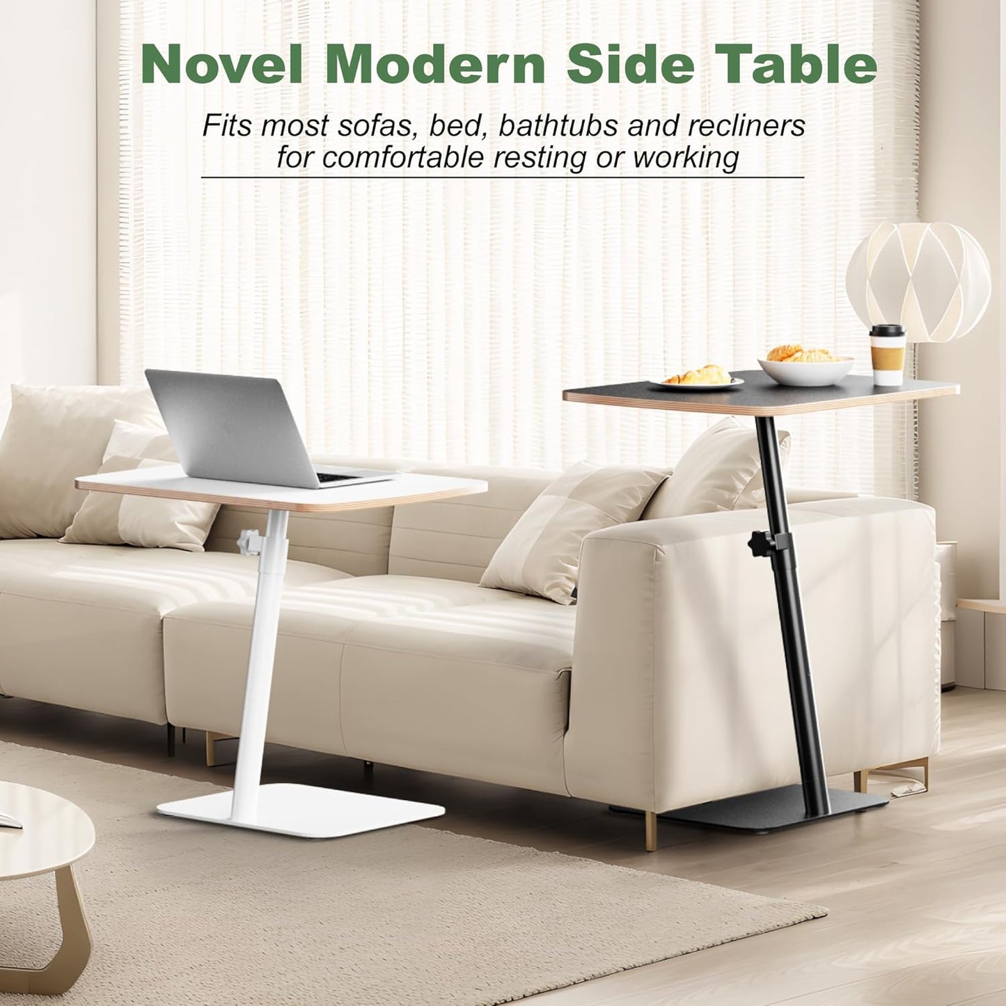 Height Adjustable End Table - Small Couch Side Table for Small Spaces Modern C Shaped Bedside End Table That Slide Under, White Wood Laptop TV Tray Table with Metal Base, Living Room Bathroom Home Use