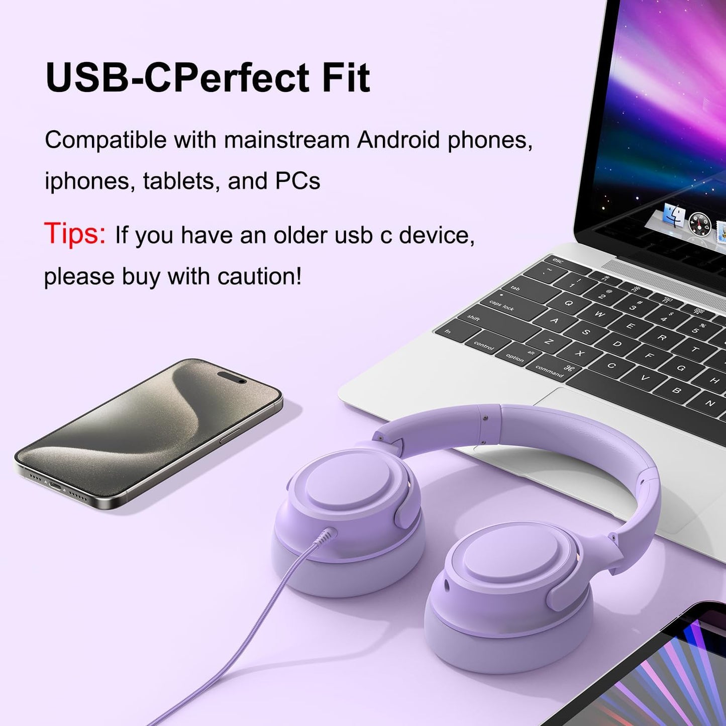 Wired Over-Ear Headphones with USB C Connector, Hi-Fi Stereo Sound, Noise-Isolating Ear Cups, Comfortable Fit for USB C Devices (No Bag, Purple)