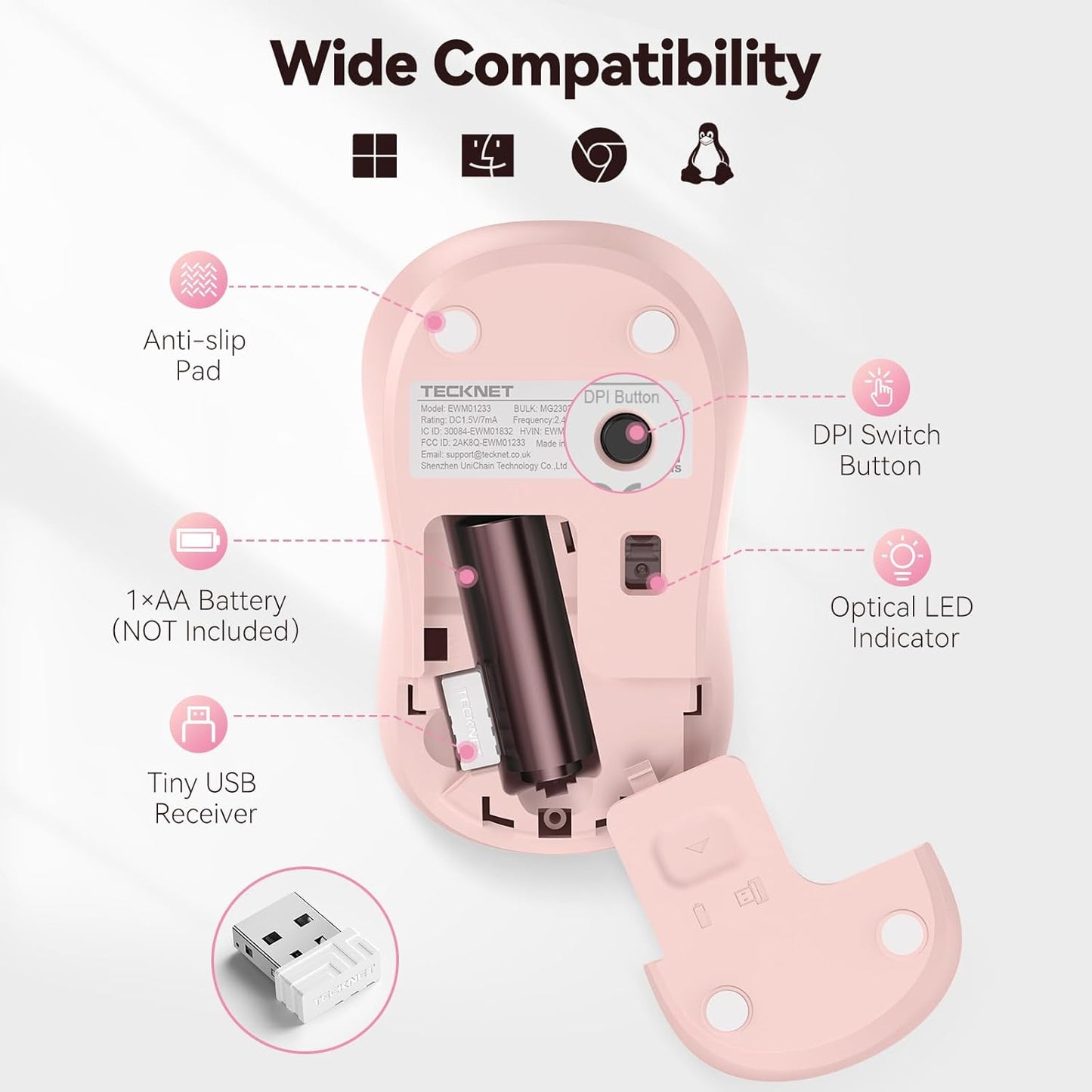 Wireless Mouse for Laptop, 2.4G Silent Computer Mouse Quiet Click with 5 DPI Levels,Contoured Grip,Small Portable 30 Months Battery Cordless Mice for PC, Chromebook, Mac - Pink