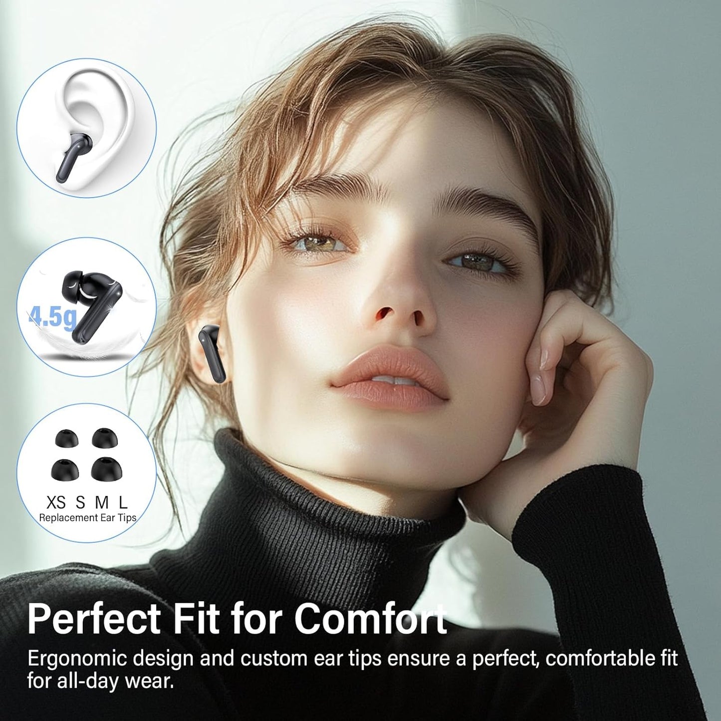 Hybrid Active Noise Canceling Wireless Earbuds, 6 Mics ENC Clear Call Ear Buds, Hi-Res Audio Deep Bass Bluetooth 5.4 Headphones, 49H Playtime, IP7, 8 EQ Modes, Wireless Charging, Multipoint Connection