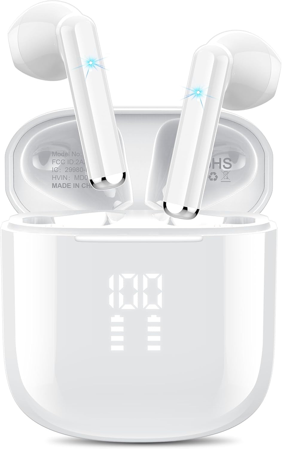 Wireless Earbuds, Bluetooth 5.3 Headphones with 4-Mics ENC Clear Call, Bluetooth Earbuds Touch Control 25Hour Stereo Sound with LED Power Display, Waterproof Earphones Sprot for Workout White