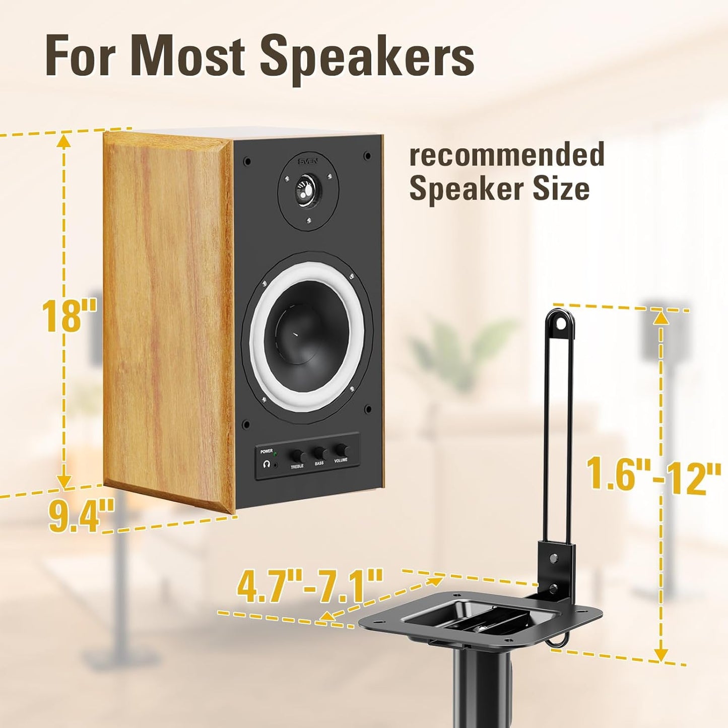 Black Alloy Steel Speaker Stands, Height Adjustable Bookshelf Speaker Stand Pair, Universal Fit, 11 Lbs Capacity, Set of 2 for Bose Polk JBL Sony Yamaha - 42" Max Height