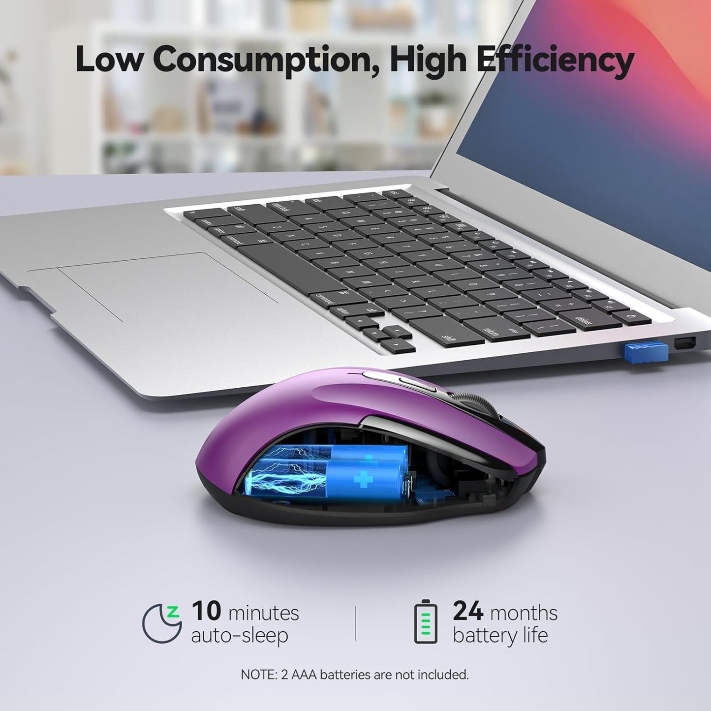Wireless Mouse for Laptop, Silent Mouse Quiet Click, Computer Mouse Wireless, 6 Adjustable 4000 DPI Computer Mice - Purple