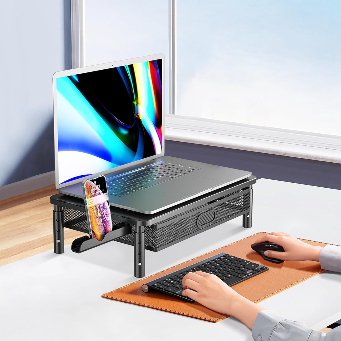 Computer Stand for Desktop Monitor, Monitor Stand with Drawer and Storage Compartment for Computer, Metal Monitor Riser Desk Organizer for Office & Home