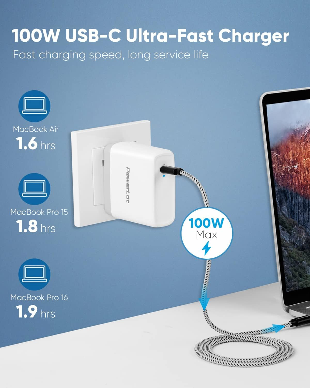 100W USB C Charger Fast Wall Charger PD 3.0 Gan Type C Charging, Power Adapter with 5A 6Ft Cable, Universal Charger Block for Macbook, Ipad, Iphone 14, Pixel, Chromebook and USB-C Laptops