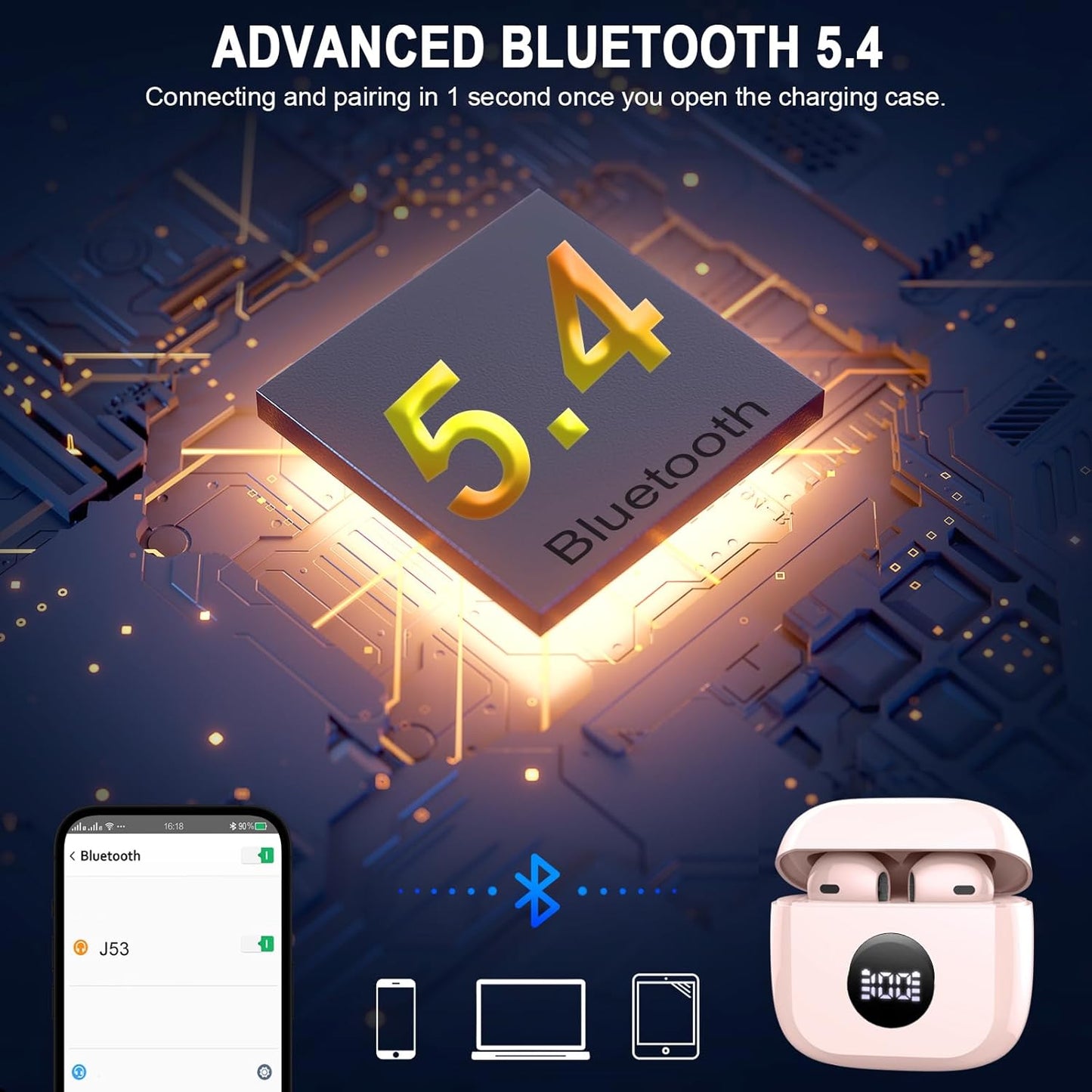 Wireless Earbuds, Bluetooth 5.4 Headphones Hifi Stereo, in Ear Earphones with 4 ENC Noise Cancelling Mics, 40H Playback Ear Buds with Mini Case LED Display, IP7 Waterproof Headset with USB C Charging