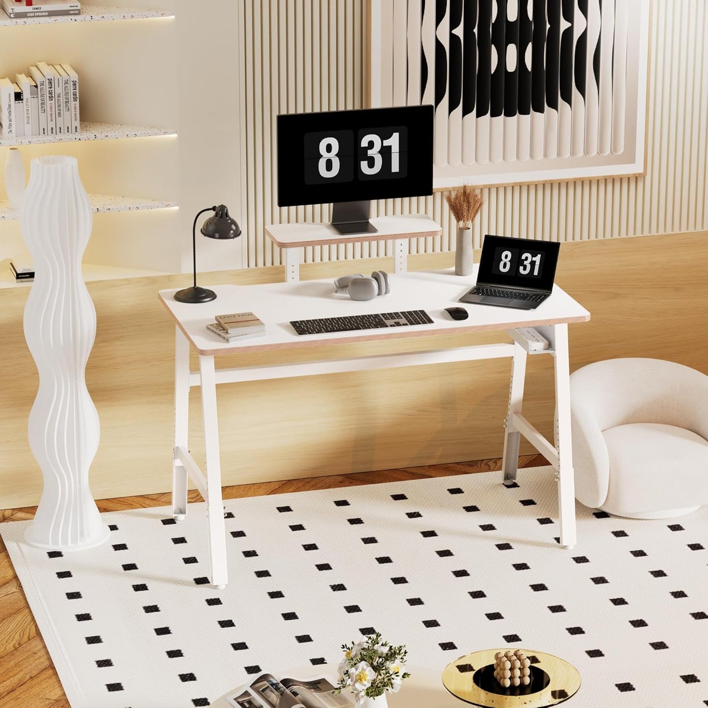 Height Adjustable Computer Desk - 47" Gaming Desk, Small Home Office Desk with Monitor Stand, Modern Simple Table Study Writing Work, Living Room Home Bedroom PC Table, Metal Frame, White