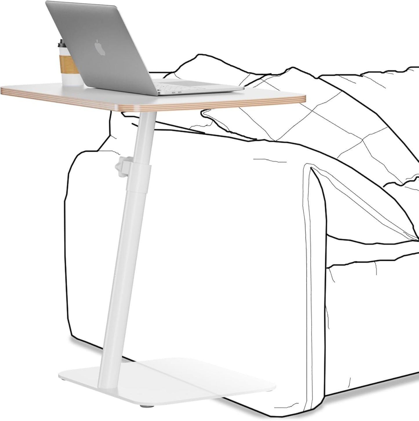 Height Adjustable End Table - Small Couch Side Table for Small Spaces Modern C Shaped Bedside End Table That Slide Under, White Wood Laptop TV Tray Table with Metal Base, Living Room Bathroom Home Use
