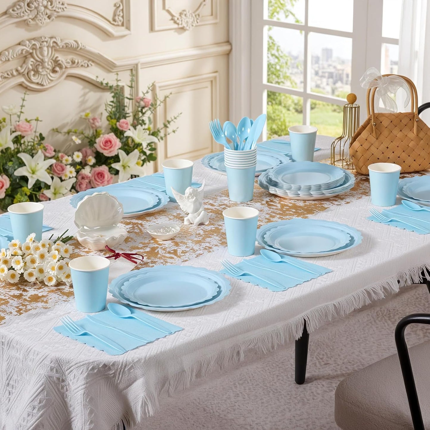 Light Blue Paper Plates Set, 175 PCS Party Supplies, Disposable Dinnerware Set for 25 Guests, Light Blue Paper Plates Napkins Cups Blue Plastic Forks Knives Spoons for Wedding Festivals