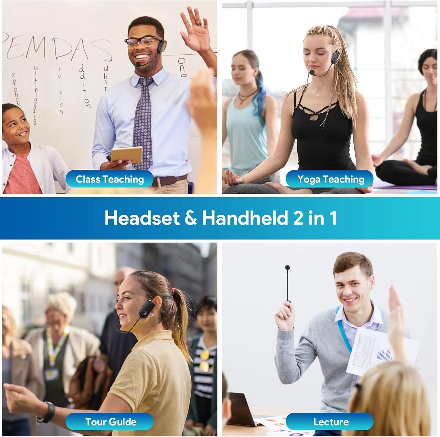Wireless Microphone Headset, 2.4G Wireless Headset Mic and Handheld Mic 2 in 1, 165Ft Range, 1/8''&1/4'' Plug, for Speakers, Voice Amplifier, PA System