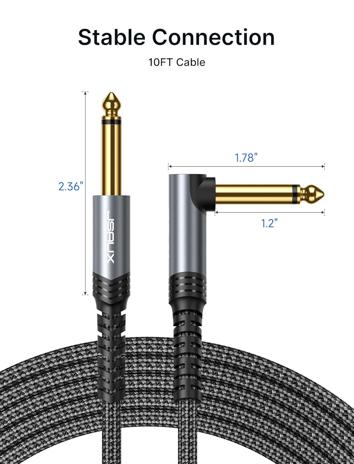 Guitar Cable 10 Ft, Amp Cord for Electric Guitar/Mandolin/Bass, Pro Audio Instrument Cable with 1/4" Tips(Ts Port) Right Angle to Straight-Gray