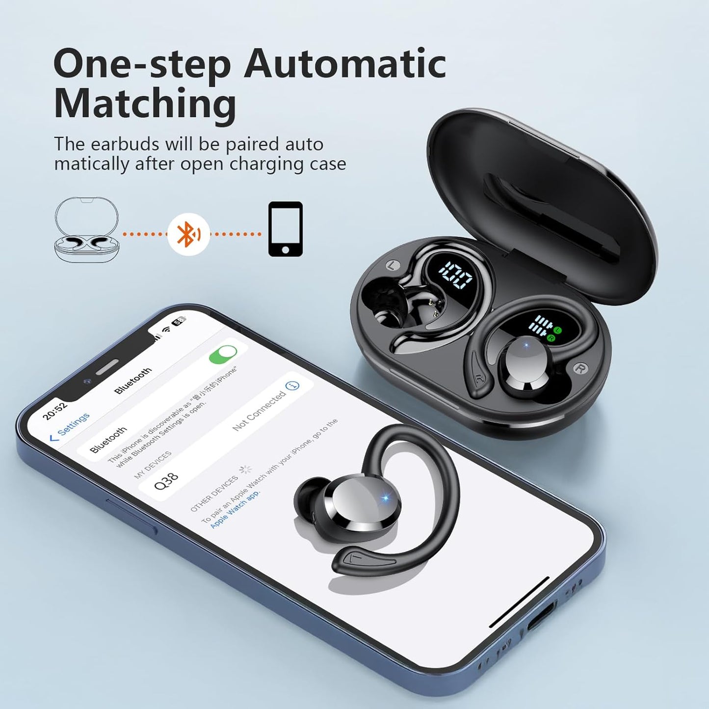 Wireless Earbuds, 2025 New Bluetooth 5.4 Headphones Sport Earphones with 68Hrs Playtime LED Display ENC Noise Cancelling Mic, IPX7 Waterproof over Ear Ear Buds with Hook for Sports/Running