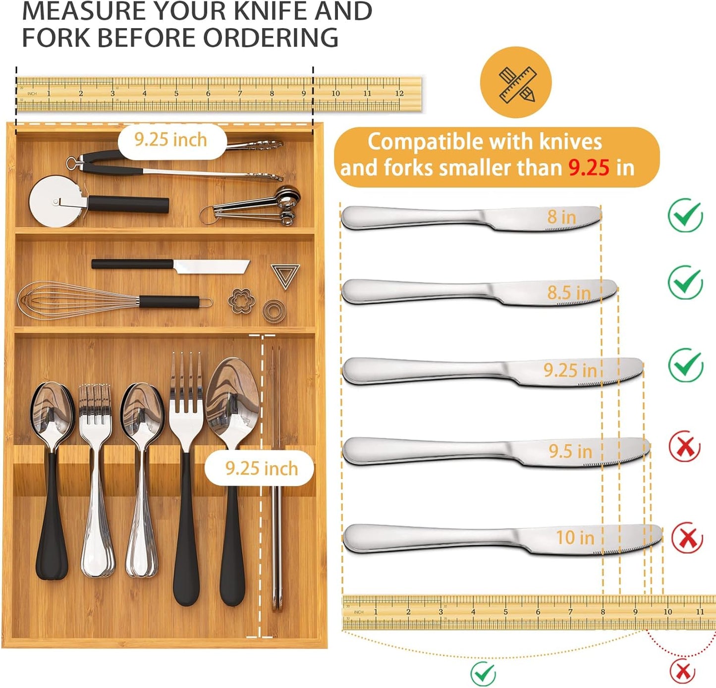 Pure Bamboo Silverware Drawer Organizer: 16.53" Lx10 Wx1.93 H Large Silverware Utensil Tray Holder, 3-Compartment with 6 Card Slots Kitchen Flatware Organizer for Spoons Forks Knives