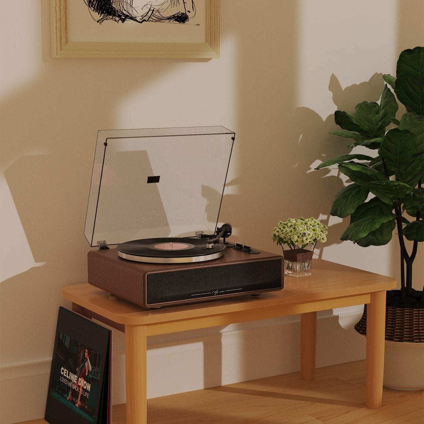 High Fidelity Belt Drive Turntable with Built-In Speakers, Vinyl Record Player with Magnetic Cartridge, Bluetooth Playback and Aux-In Functionality, Auto Off