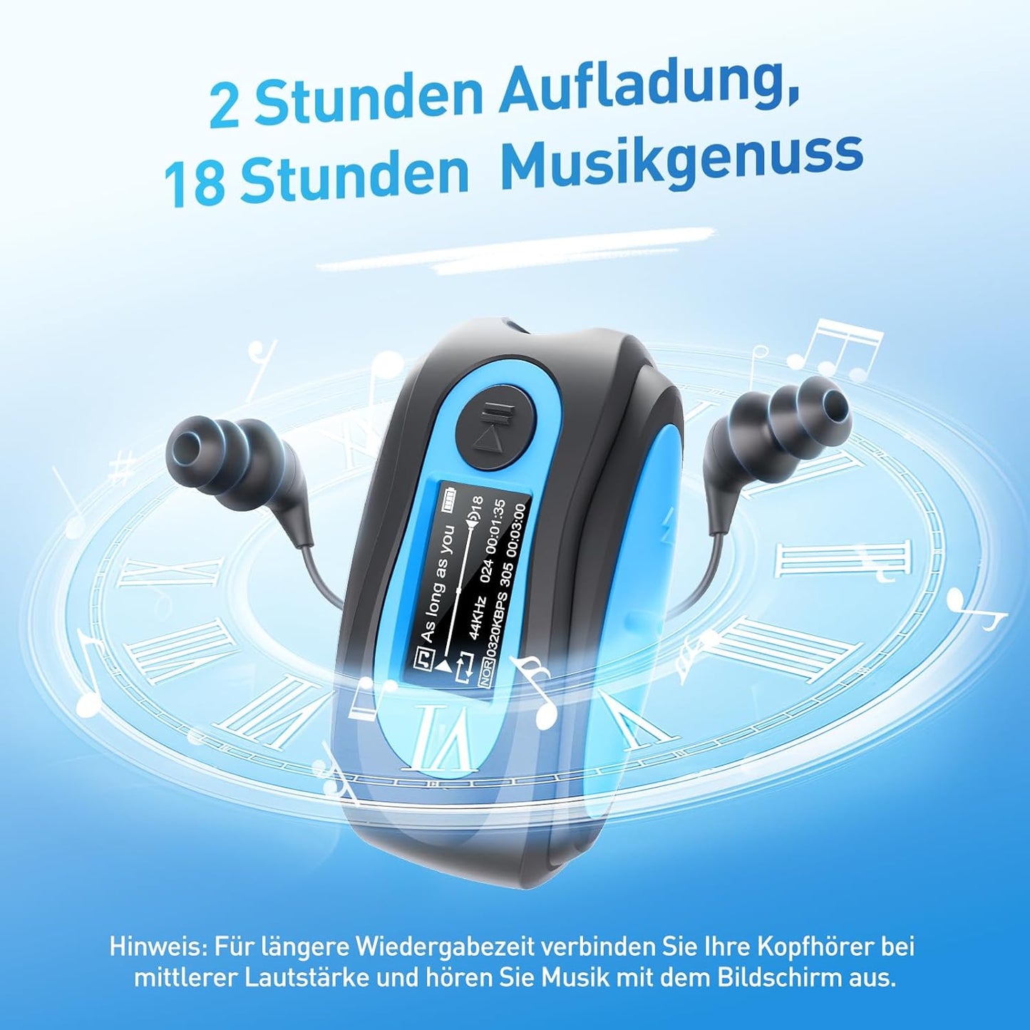 IPX8 Waterproof Mp3 Player with Screen, Multi-Functional Clip Music Player with Waterproof Headphones for Surfing Swimming Water Sports