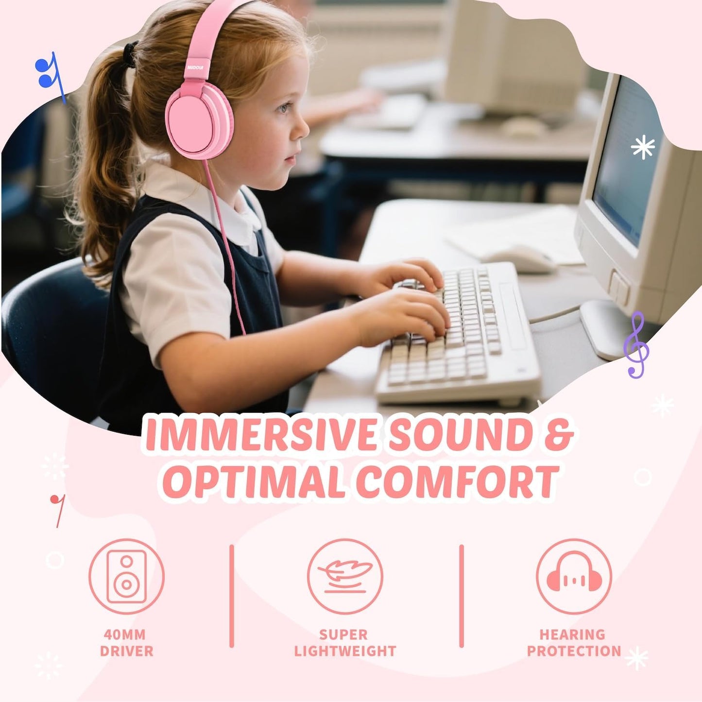 Kids Headphone Wired Volume Limited 85/94Db Over-Ear/On-Ear Foldable Headset with Microphone Hearing Protection Headphones for Toddler Boy Girl Child School Learning Pad Tablet Pink