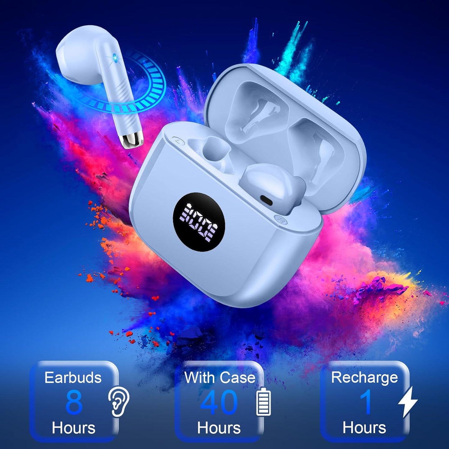 Wireless Earbuds, Bluetooth 5.4 Headphones Hifi Stereo, in Ear Earphones with 4 ENC Noise Cancelling Mics, 40H Playback Ear Buds with LED Display, Mini Case, IP7 Waterproof Headset with USB C Charging