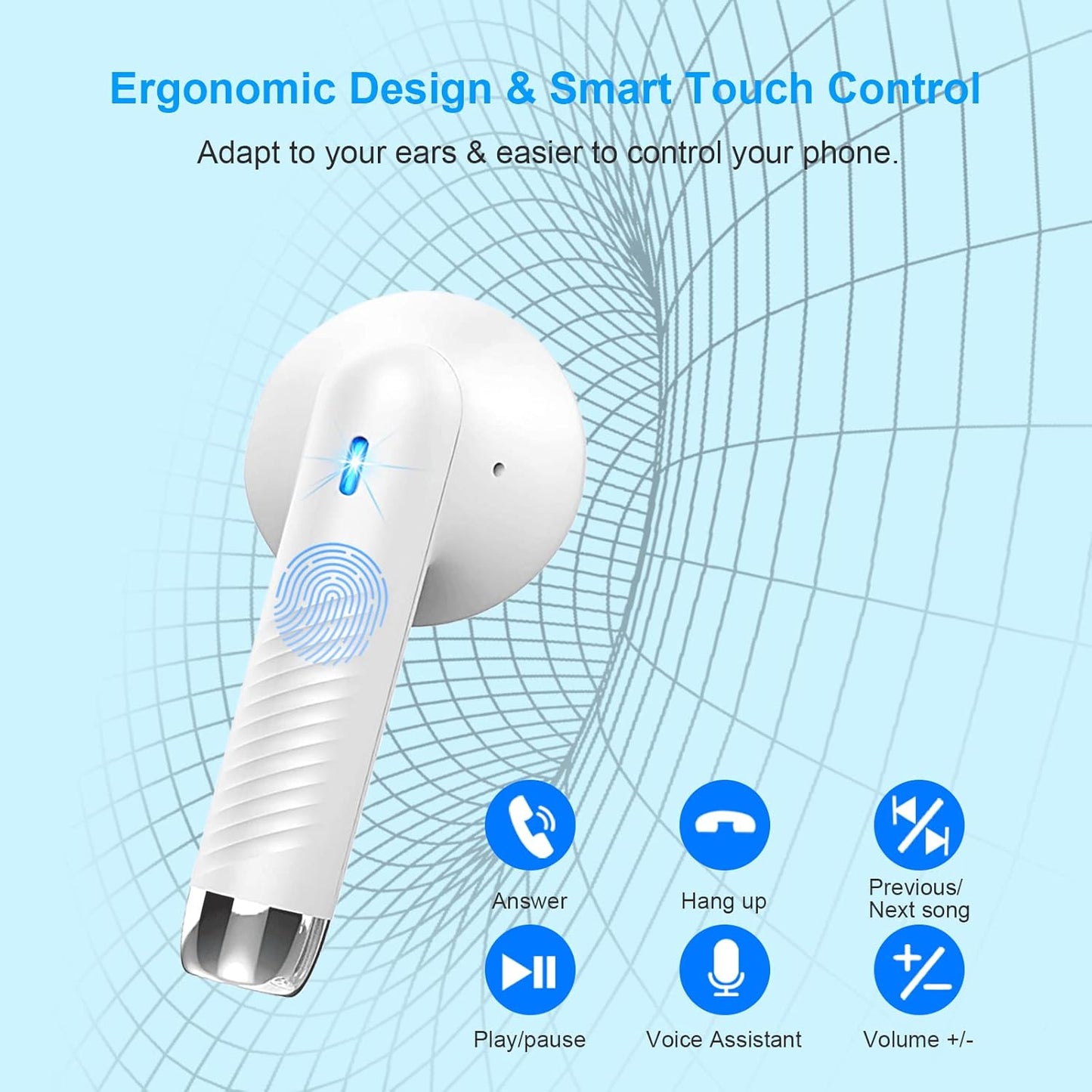 Wireless Earbuds, Bluetooth 5.3 Headphones in Ear with Noise Cancelling Mic, Earbuds Stereo Bass, IP7 Waterproof Sports Earphones, 32H Playtime USB C Charging Buds White for Android Ios