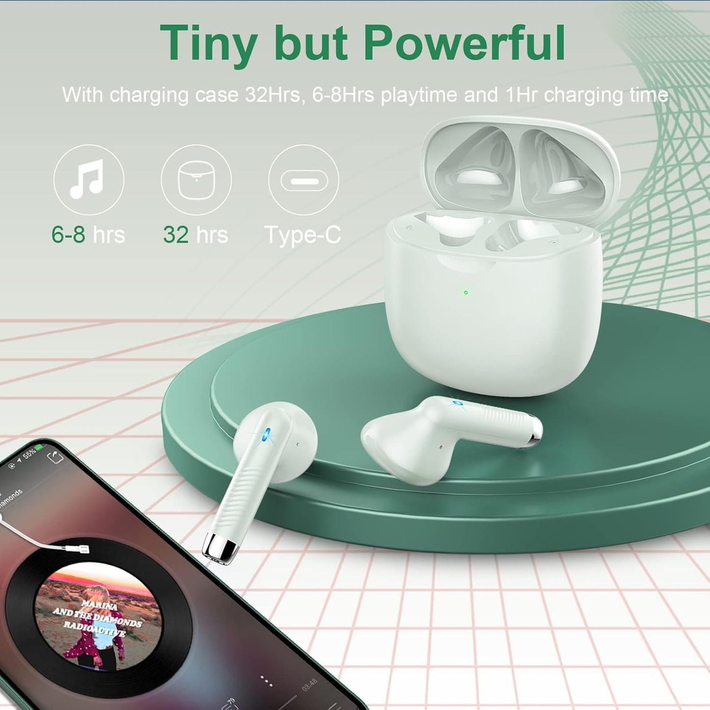 Wireless Earbuds, Bluetooth 5.4 Earbuds Stereo Bass, Bluetooth Headphones in Ear Noise Cancelling Mic, Earphones IP7 Waterproof Sports, 32H Playtime USB C Charging Case Green Ear Buds for Android Ios