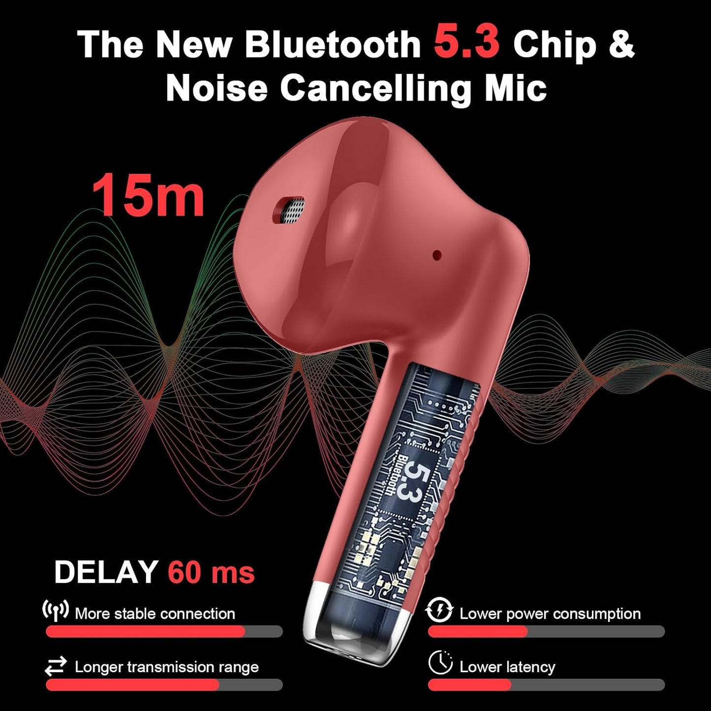 Wireless Earbuds, Bluetooth 5.3 Headphones in Ear with Noise Cancelling Mic, Bluetooth Earbuds Stereo Bass, IP7 Waterproof Sports Earphones, 32H Playtime USB C Charging Ear Buds Red for Android Ios