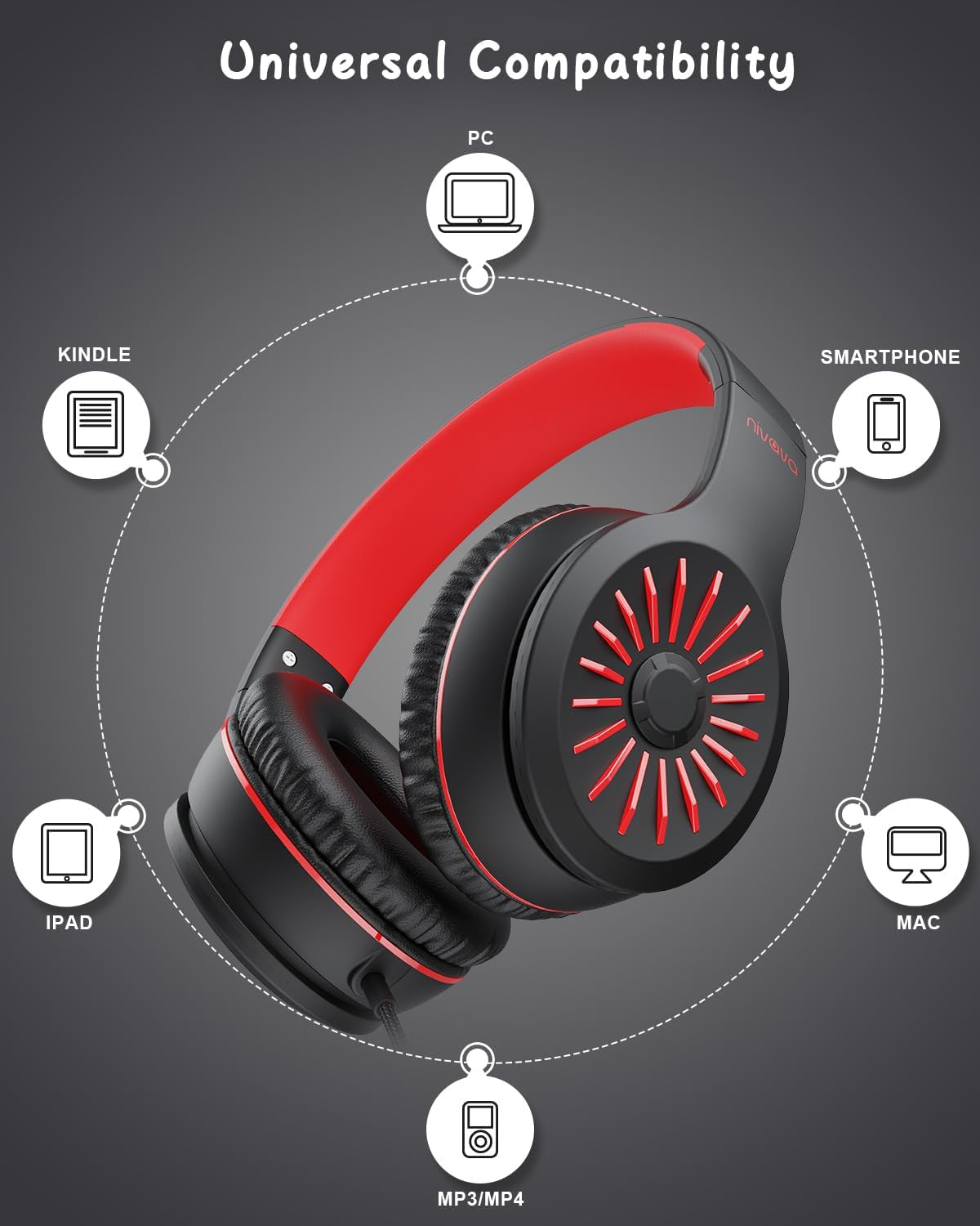 Wired Headphones with Microphone, K16 On-Ear Headphones for Kids with 3.5MM Jack, Foldable Stereo Bass Headset for Teens School Amazon Kindle, Chromebook, Tablet(Black Red)