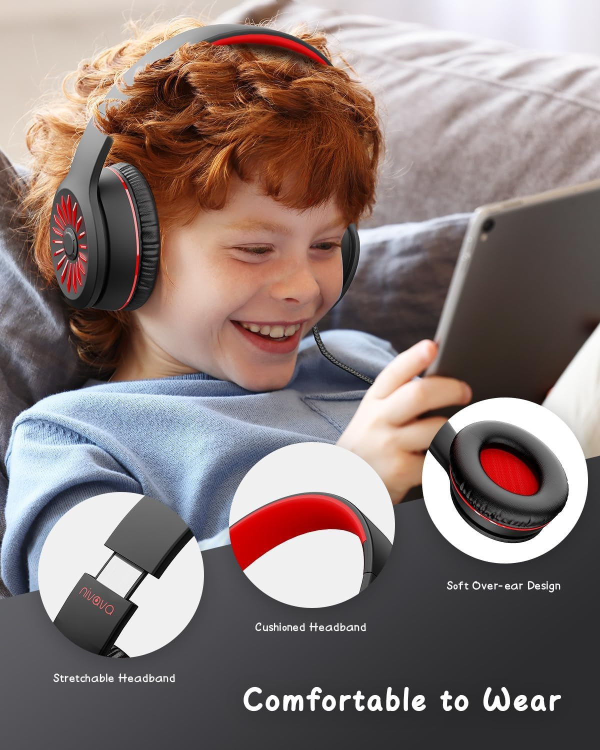 Wired Headphones with Microphone, K16 On-Ear Headphones for Kids with 3.5MM Jack, Foldable Stereo Bass Headset for Teens School Amazon Kindle, Chromebook, Tablet(Black Red)