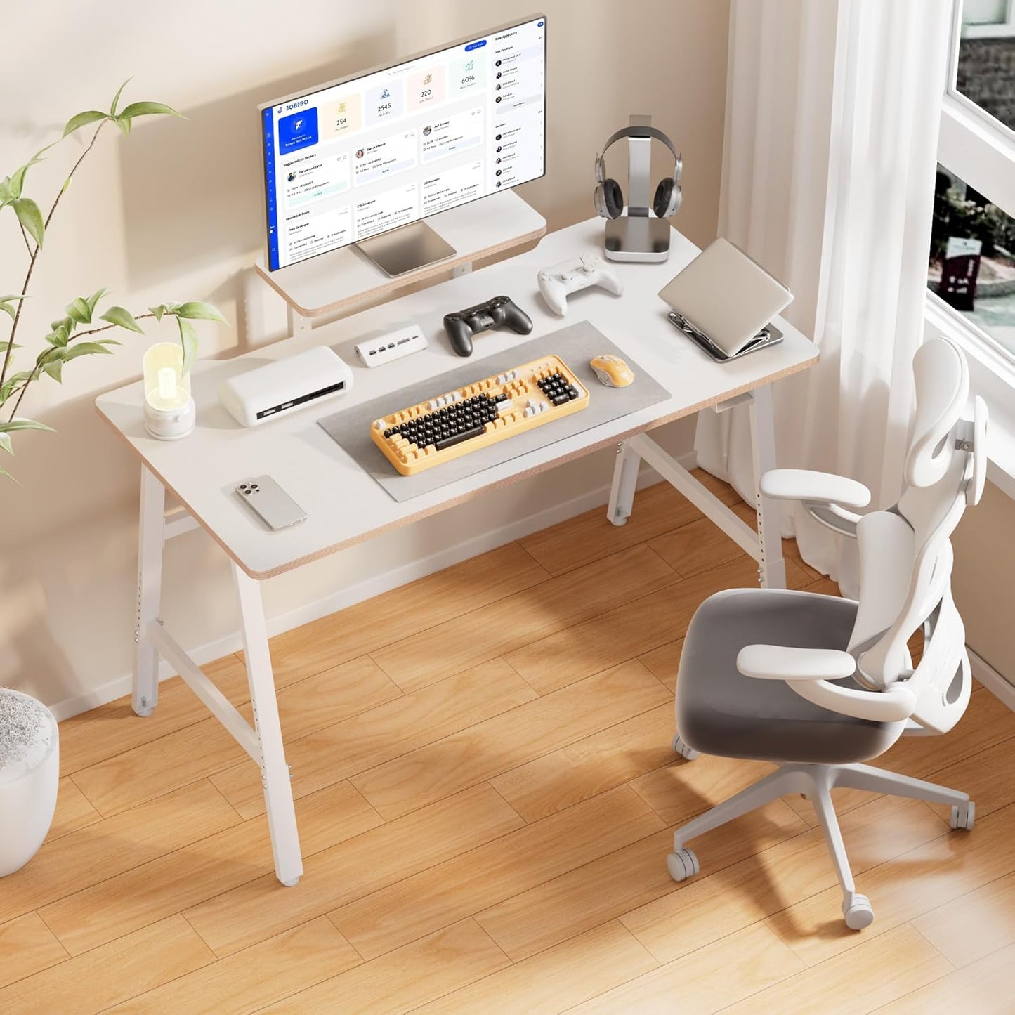 Height Adjustable Computer Desk - 47" Gaming Desk, Small Home Office Desk with Monitor Stand, Modern Simple Table Study Writing Work, Living Room Home Bedroom PC Table, Metal Frame, White