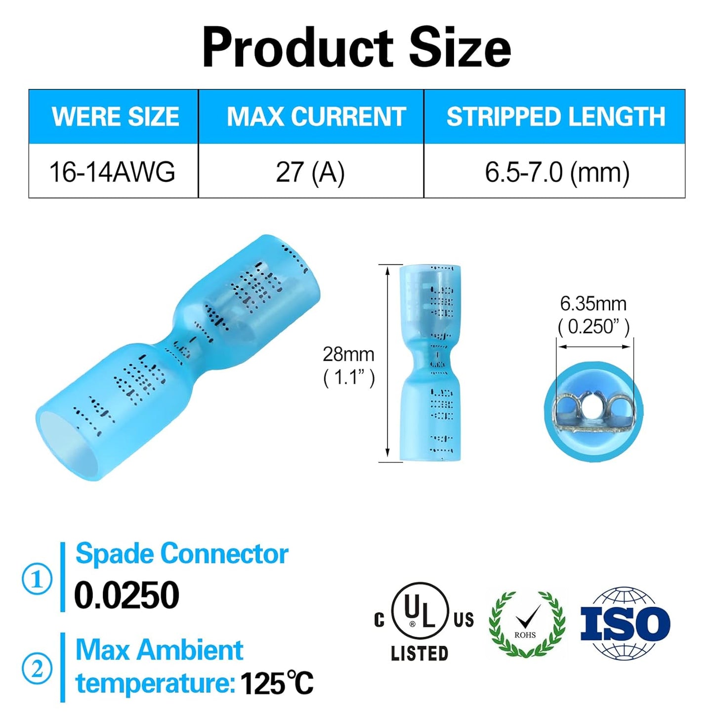 100 PCS 16-14 AWG Waterproof Heat Shrink Quick Disconnect Connectors, Crimp Electrical Wire Female Spade Connectors Insulated Disconnect for Marine Automotive Motorcycle Home Wiring (Blue)