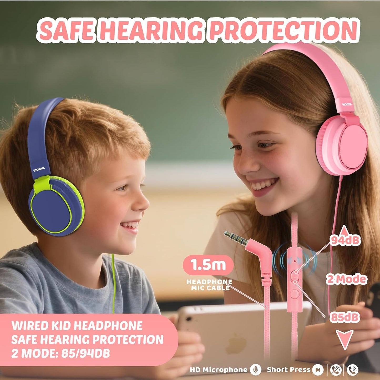 Kids Headphone Wired Volume Limited 85/94Db Over-Ear/On-Ear Foldable Headset with Microphone Hearing Protection Headphones for Toddler Boy Girl Child School Learning Pad Tablet Pink