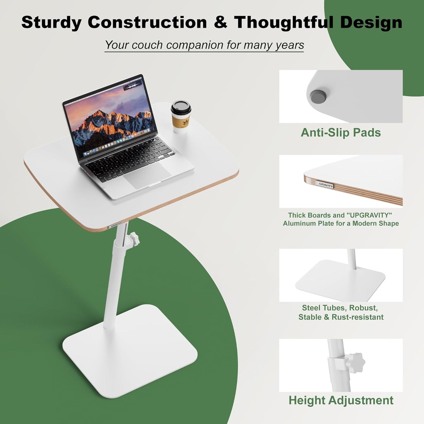 Height Adjustable End Table - Small Couch Side Table for Small Spaces Modern C Shaped Bedside End Table That Slide Under, White Wood Laptop TV Tray Table with Metal Base, Living Room Bathroom Home Use