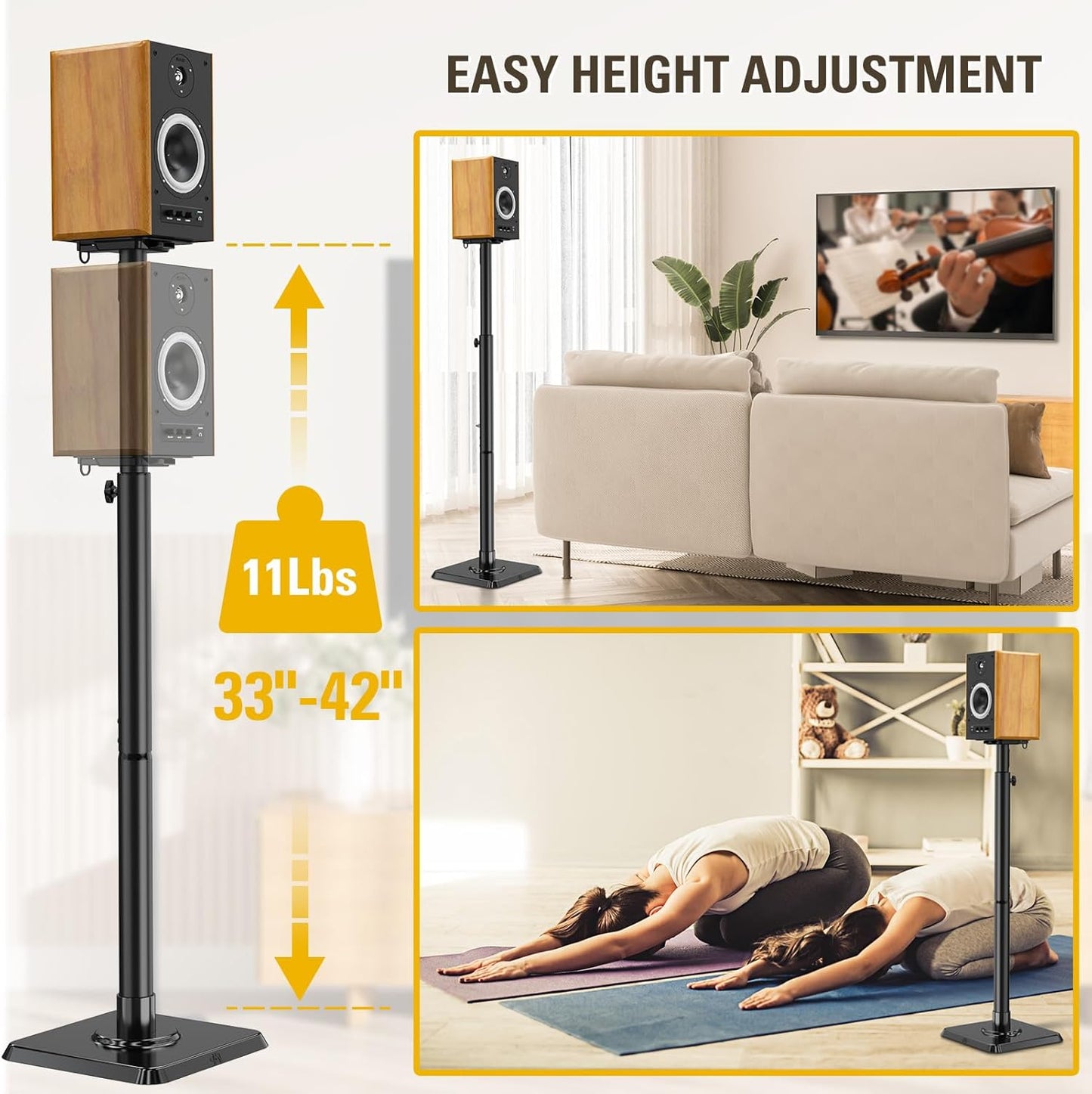 Black Alloy Steel Speaker Stands, Height Adjustable Bookshelf Speaker Stand Pair, Universal Fit, 11 Lbs Capacity, Set of 2 for Bose Polk JBL Sony Yamaha - 42" Max Height