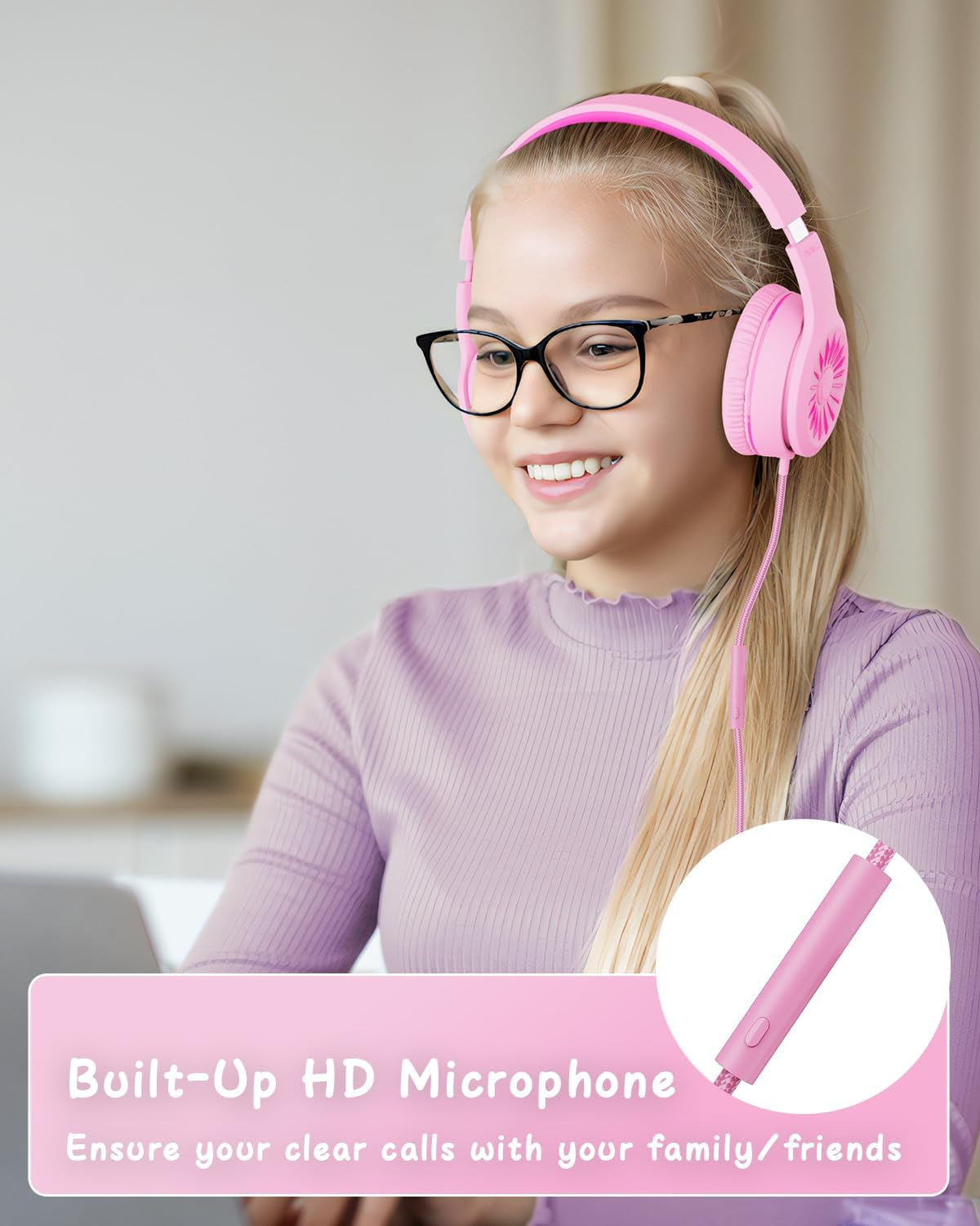 Wired Headphones with Microphone, K16 On-Ear Headphones for Kids with 3.5MM Jack, Foldable Stereo Bass Headphones for Teens School Amazon Kindle, Fire, Chromebook, Tablet(Pink Red)
