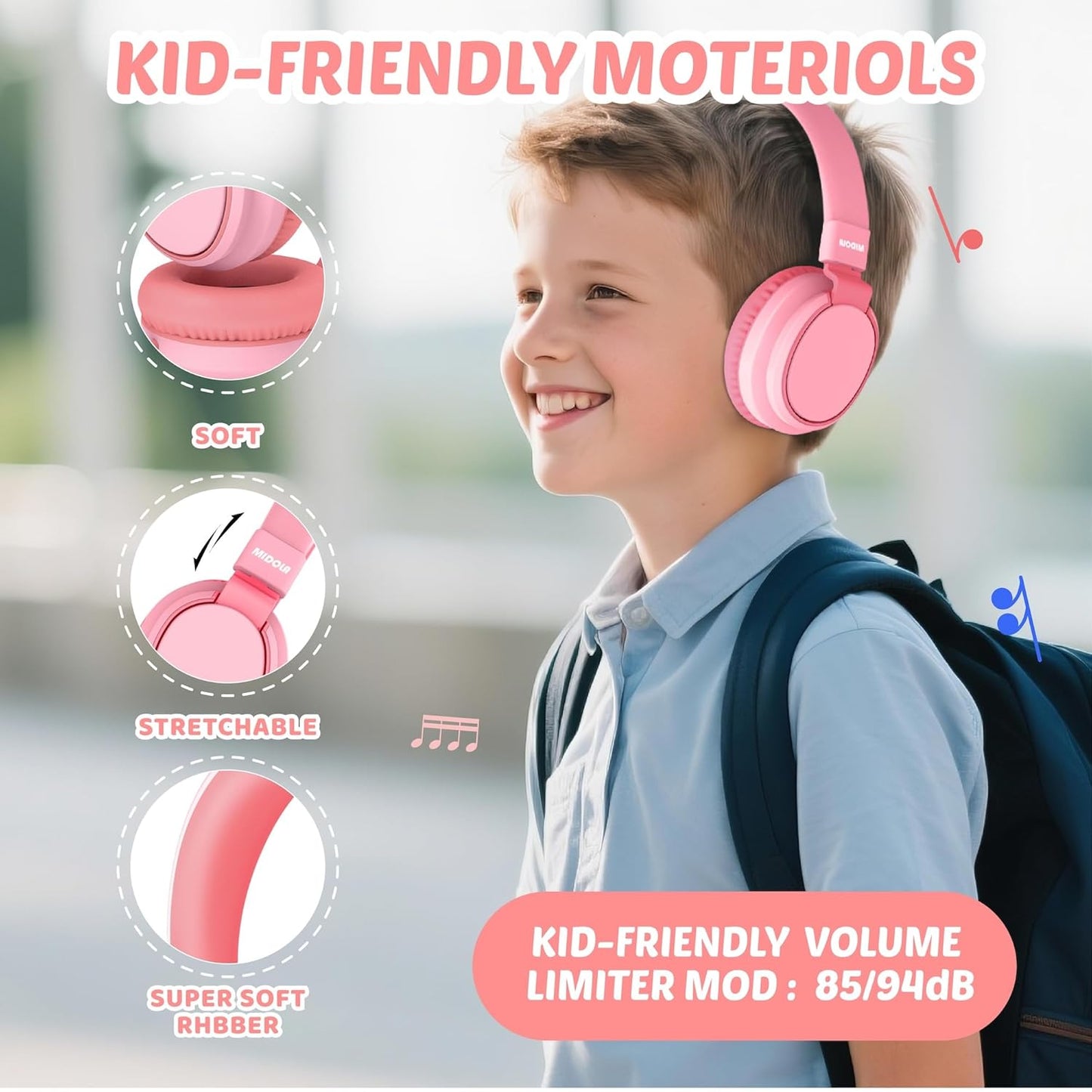 Kids Headphone Wired Volume Limited 85/94Db Over-Ear/On-Ear Foldable Headset with Microphone Hearing Protection Headphones for Toddler Boy Girl Child School Learning Pad Tablet Pink