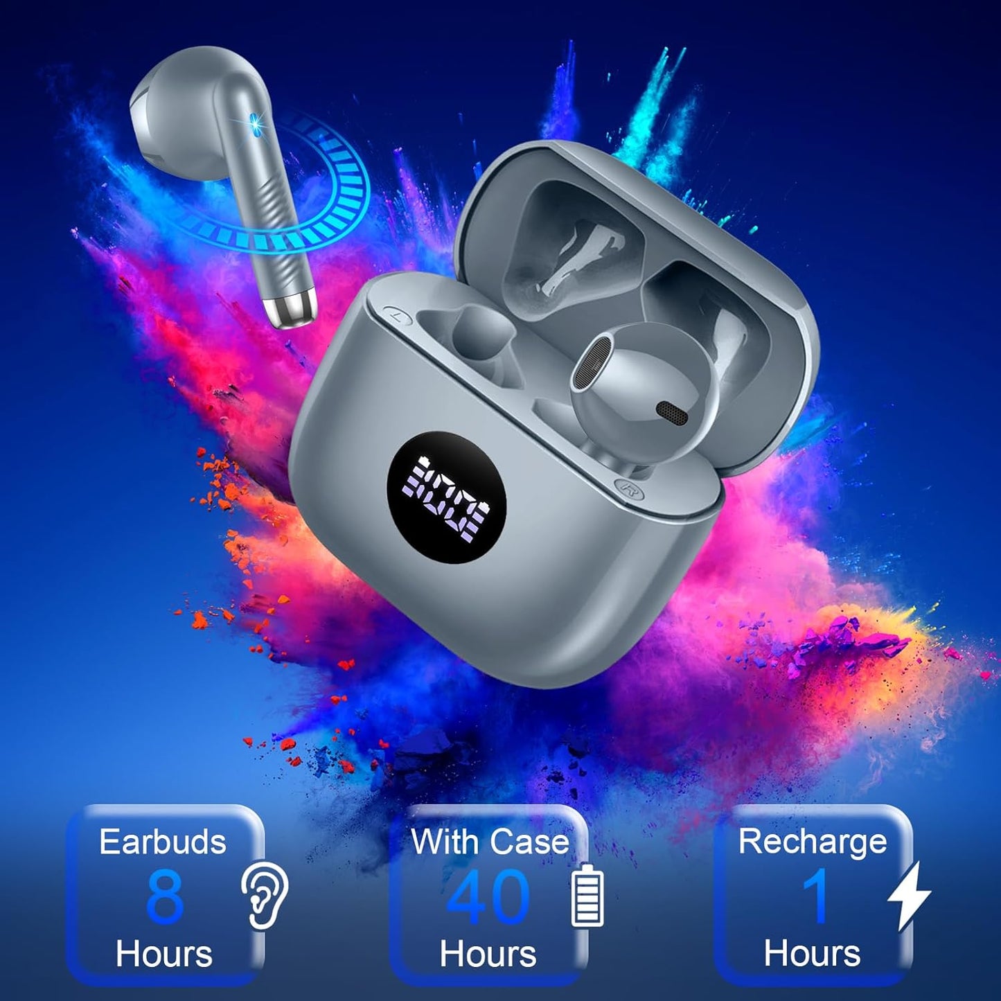 Wireless Earbuds, Bluetooth 5.3 Ear Buds LED Power Display Headphones Bass Stereo, Bluetooth Earbuds In-Ear Noise Cancelling Mic, 40H Playback Mini Case IP7 Waterproof Sports Earphones for Android Ios