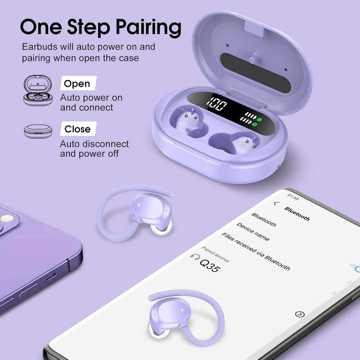 Wireless Earbuds, 2023 New Ultralight Sport Bluetooth 5.3 Headphones in Ear with LED Display, Built-In Mic Earphones, IPX7 Waterproof Wireless Headphones with Earhooks for Gym Workout (Purple)