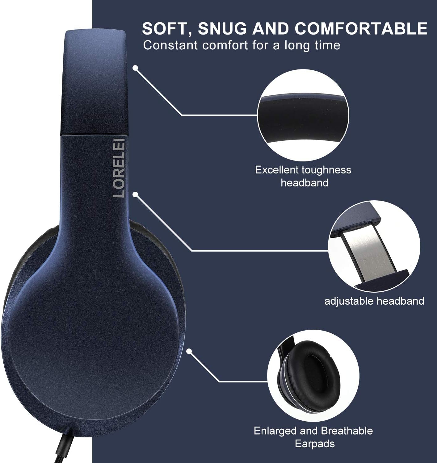 X6 Over-Ear Headphones with Microphone, Lightweight Foldable & Portable Stereo Bass Headphones with 1.45M No-Tangle, Wired Headphones for Smartphone Tablet MP3 / 4 (Dark Blue)