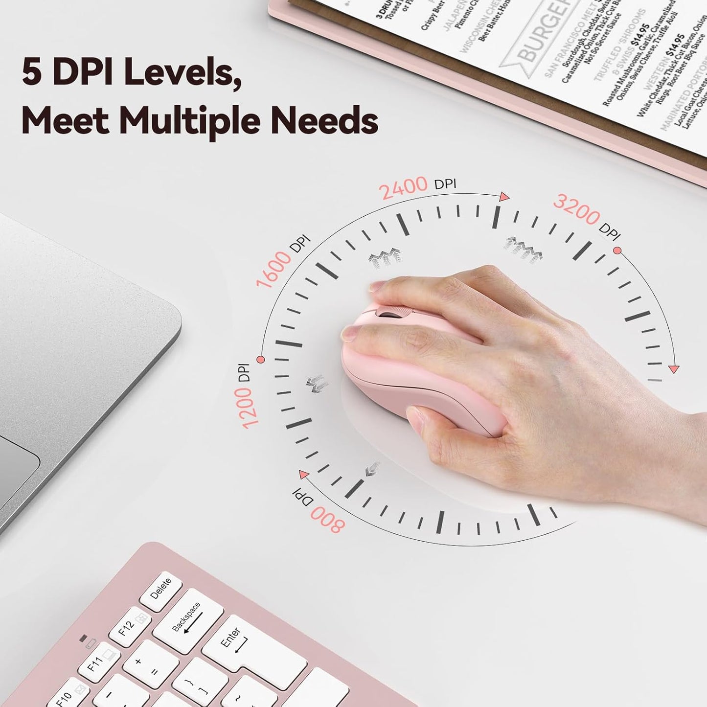 Wireless Mouse for Laptop, 2.4G Silent Computer Mouse Quiet Click with 5 DPI Levels,Contoured Grip,Small Portable 30 Months Battery Cordless Mice for PC, Chromebook, Mac - Pink