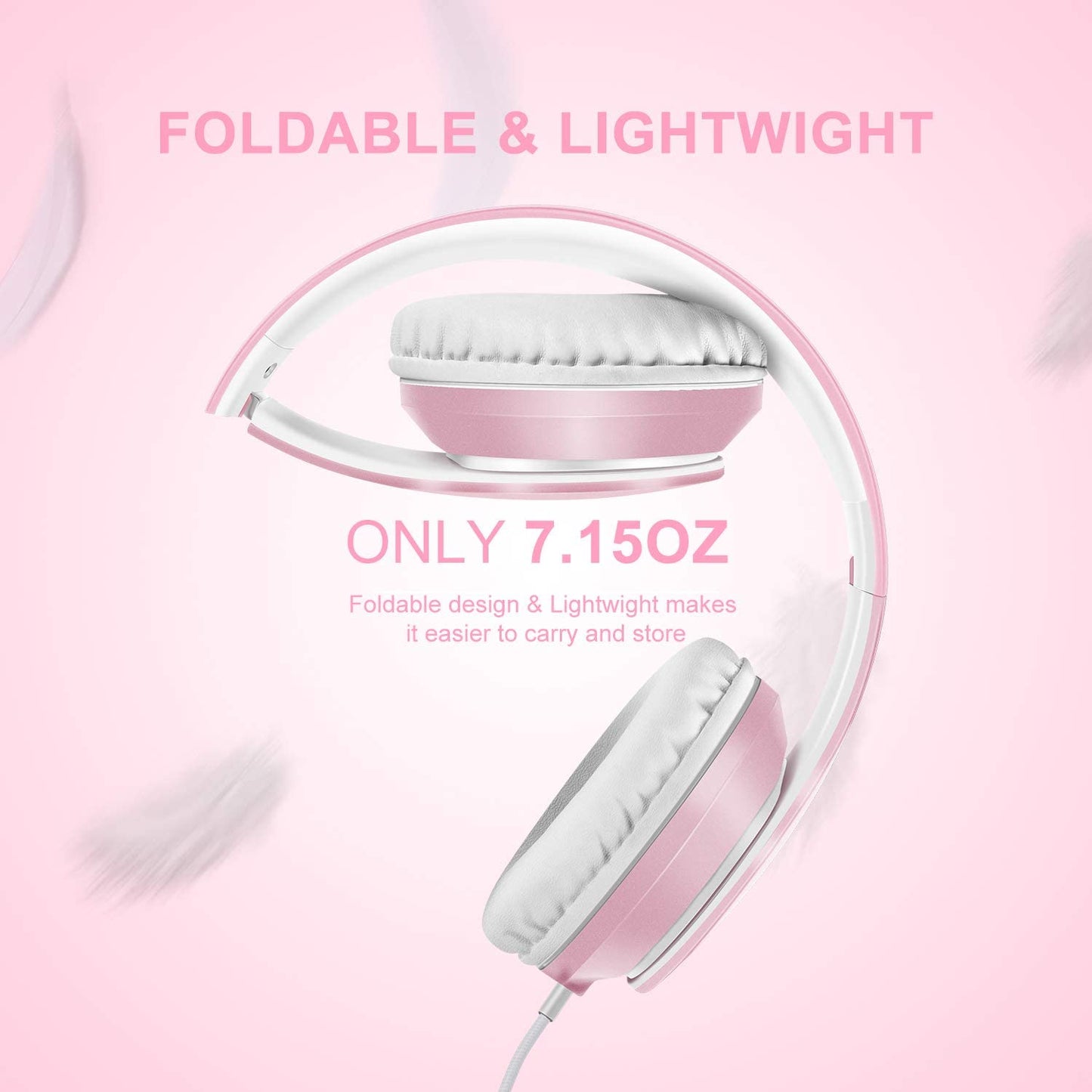X6 Over-Ear Headphones with Microphone, Lightweight Foldable & Portable Stereo Bass Headphones with 1.45M No-Tangle, Wired Headphones for Smartphone Tablet MP3 / 4 (Pearl Pink)