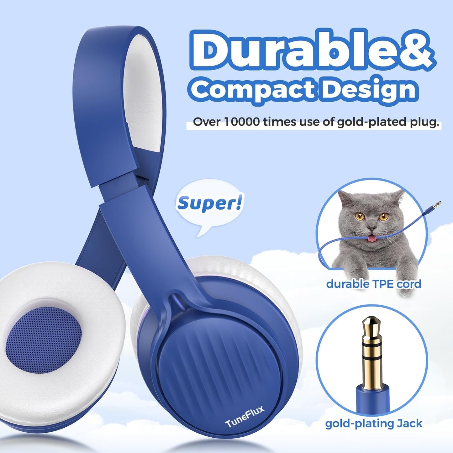 Upgraded Kids Headphones, Wired Toddler Headsets, 85Db Limited Volume on Ear Headphones, Portable Foldable Design, Stereo Sound Kids Headsets for School/Tablet/Travel-Sapphire Blue