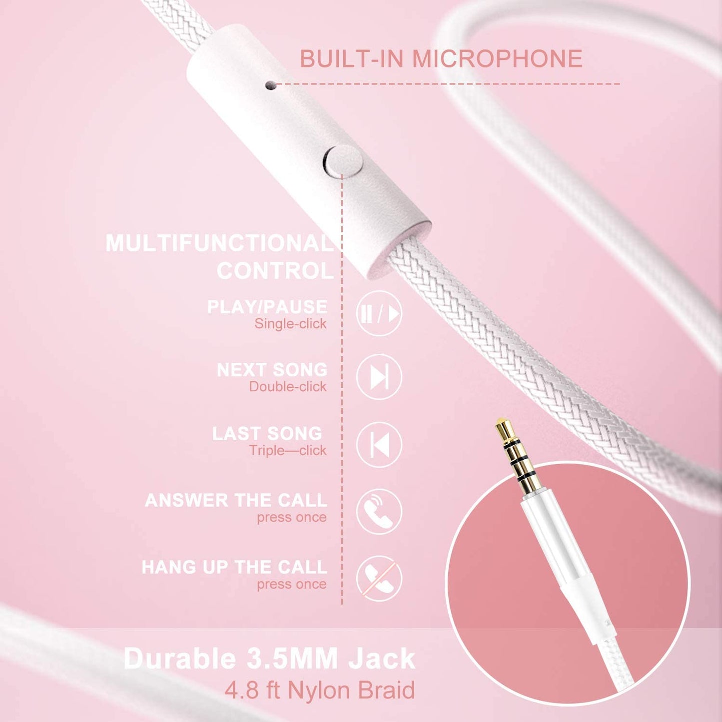 X6 Over-Ear Headphones with Microphone, Lightweight Foldable & Portable Stereo Bass Headphones with 1.45M No-Tangle, Wired Headphones for Smartphone Tablet MP3 / 4 (Pearl Pink)