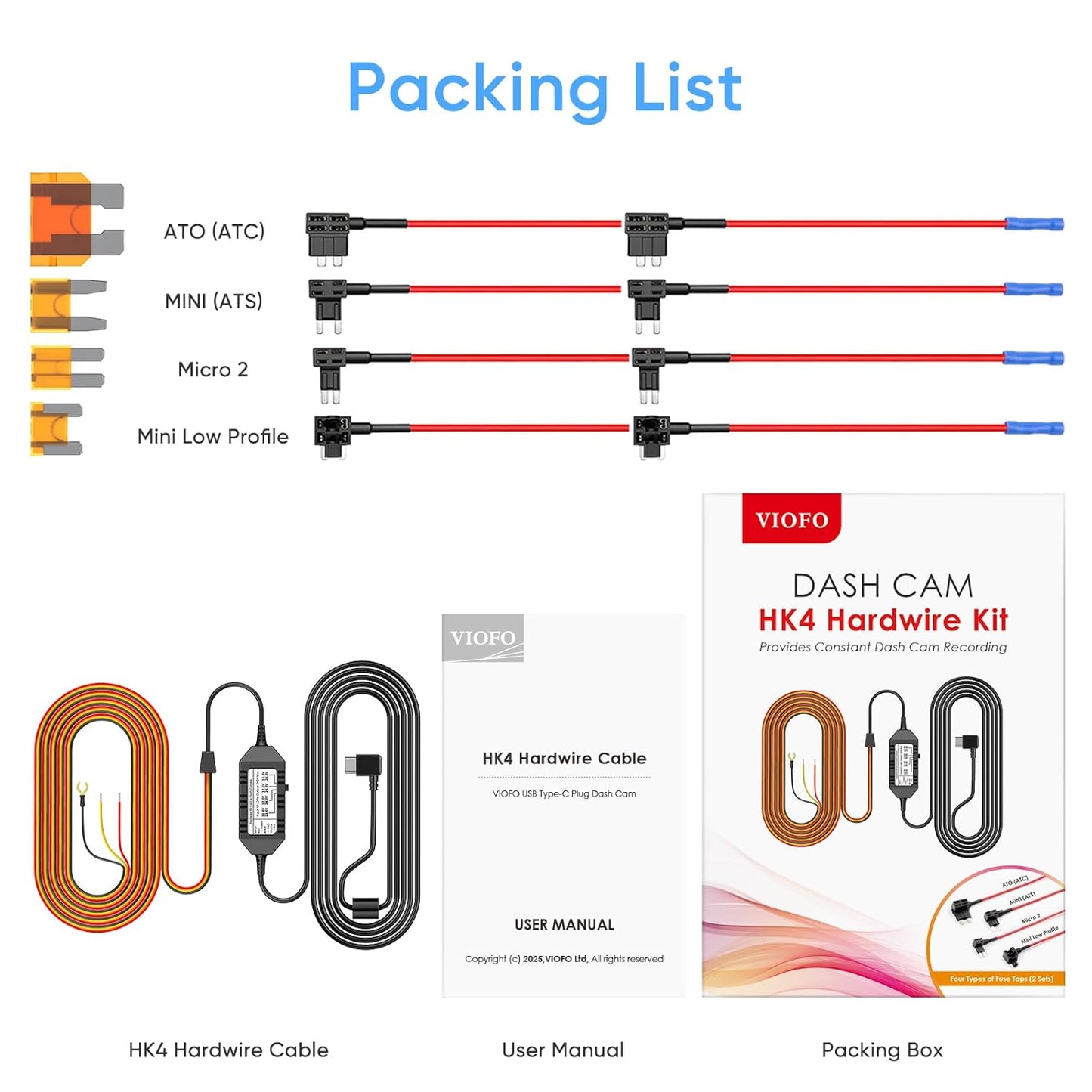 HK4 Hardwire Kit with 8Pcs Full Set Circuit Fuse Tap, Type-C Port, for A329 Series/A229 Series/A119Mini2/A139Pro/Wm1/T130 Dash Cam