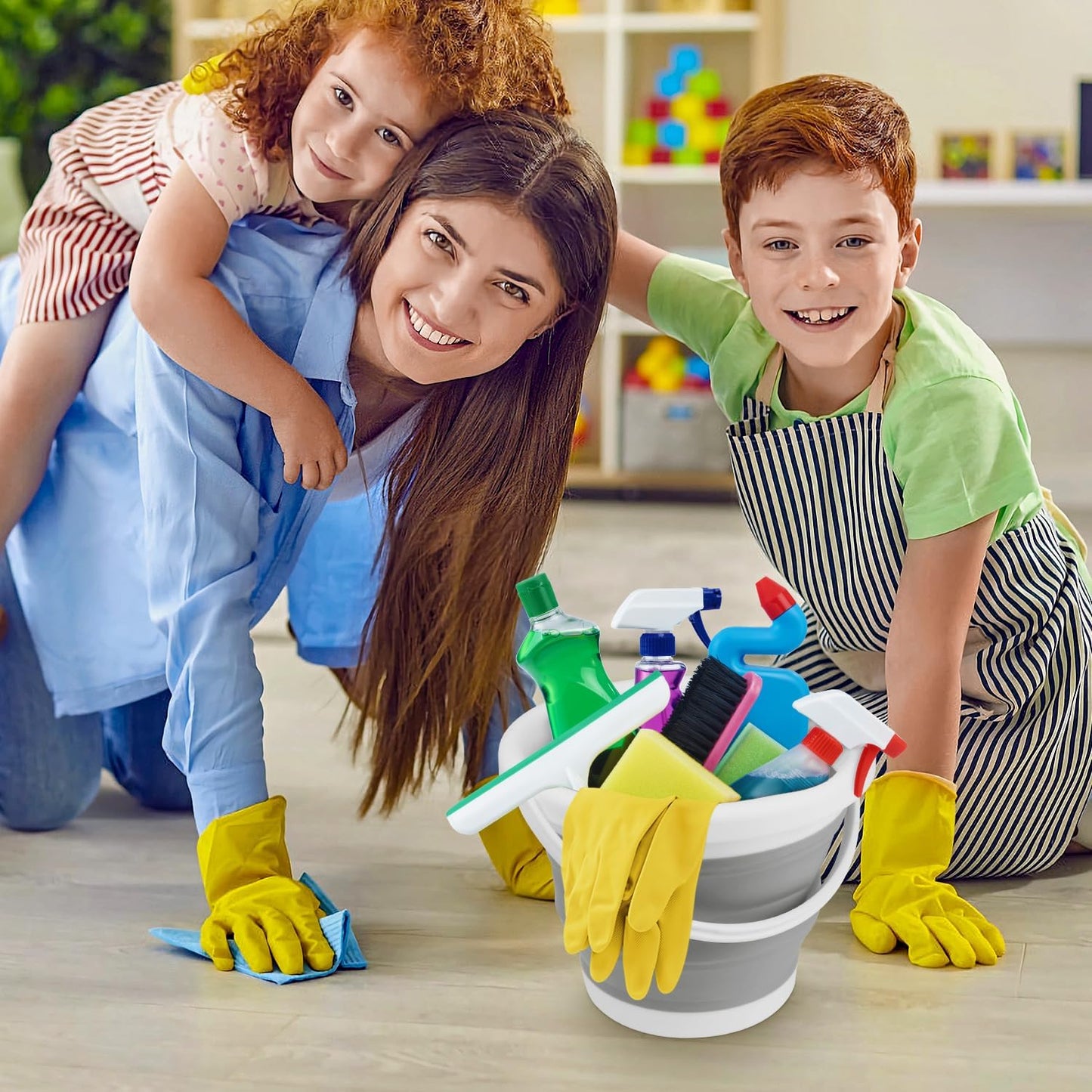 Collapsible Mop Bucket and Ice Bucket-5L(1.3 Gallon) Household Cleaning Silicone Dust Mops Bucket with No Wringer Set,Portable Bathroom Cleaning Supplies Bucket for Cleaning Caddy Spin Mops for Floor