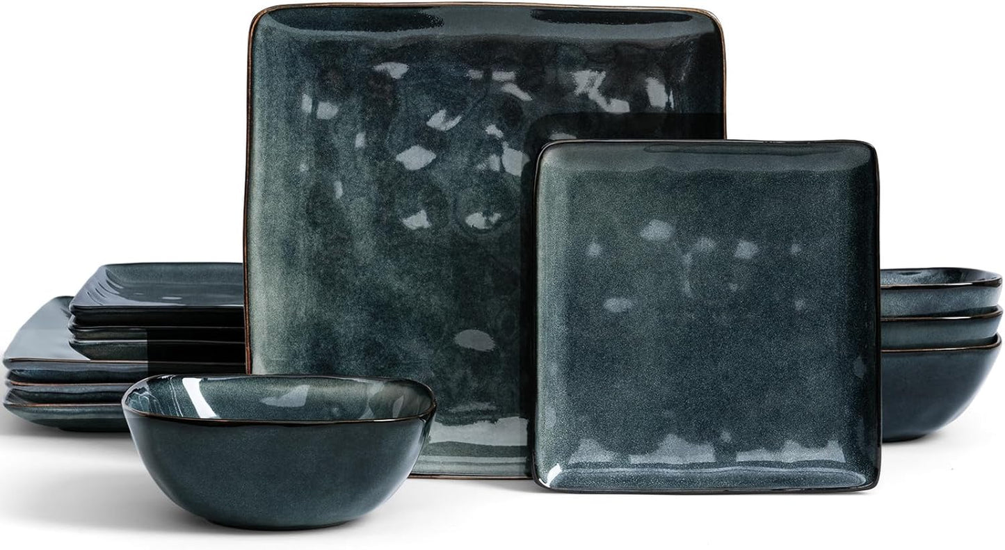 Dinnerware Sets for 4, Ocean Square 12-Piece Kitchen Plates and Bowls Sets, Reactive Glaze, Microwave and Dishwasher Safe, Scratch Resistant, Deep Forest
