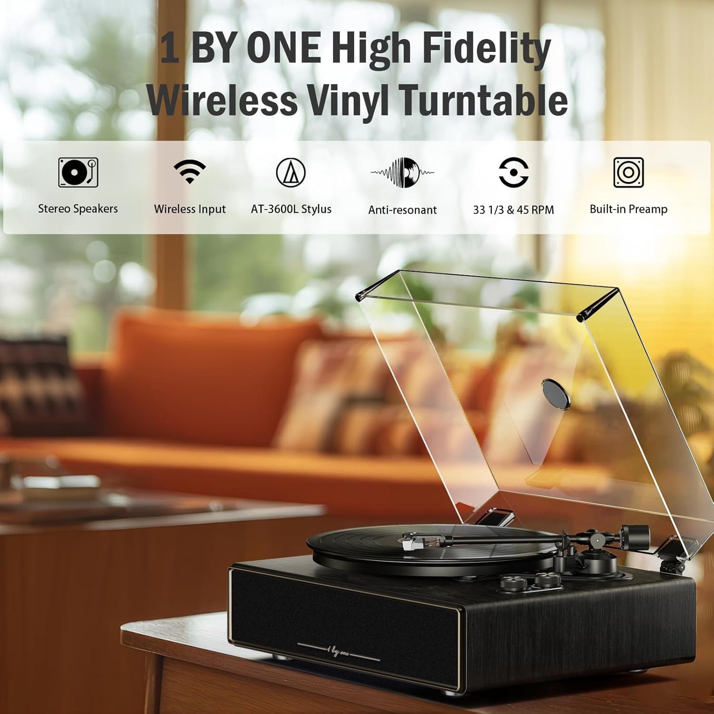 High Fidelity All-In-One Record Player, Vinyl Turntable with Built-In Speakers, Magnetic AT-3600L Cartridge, RCA Line Out, Belt-Drive Stereo Turntable