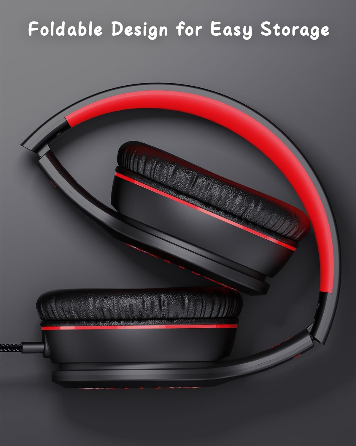 Wired Headphones with Microphone, K16 On-Ear Headphones for Kids with 3.5MM Jack, Foldable Stereo Bass Headset for Teens School Amazon Kindle, Chromebook, Tablet(Black Red)