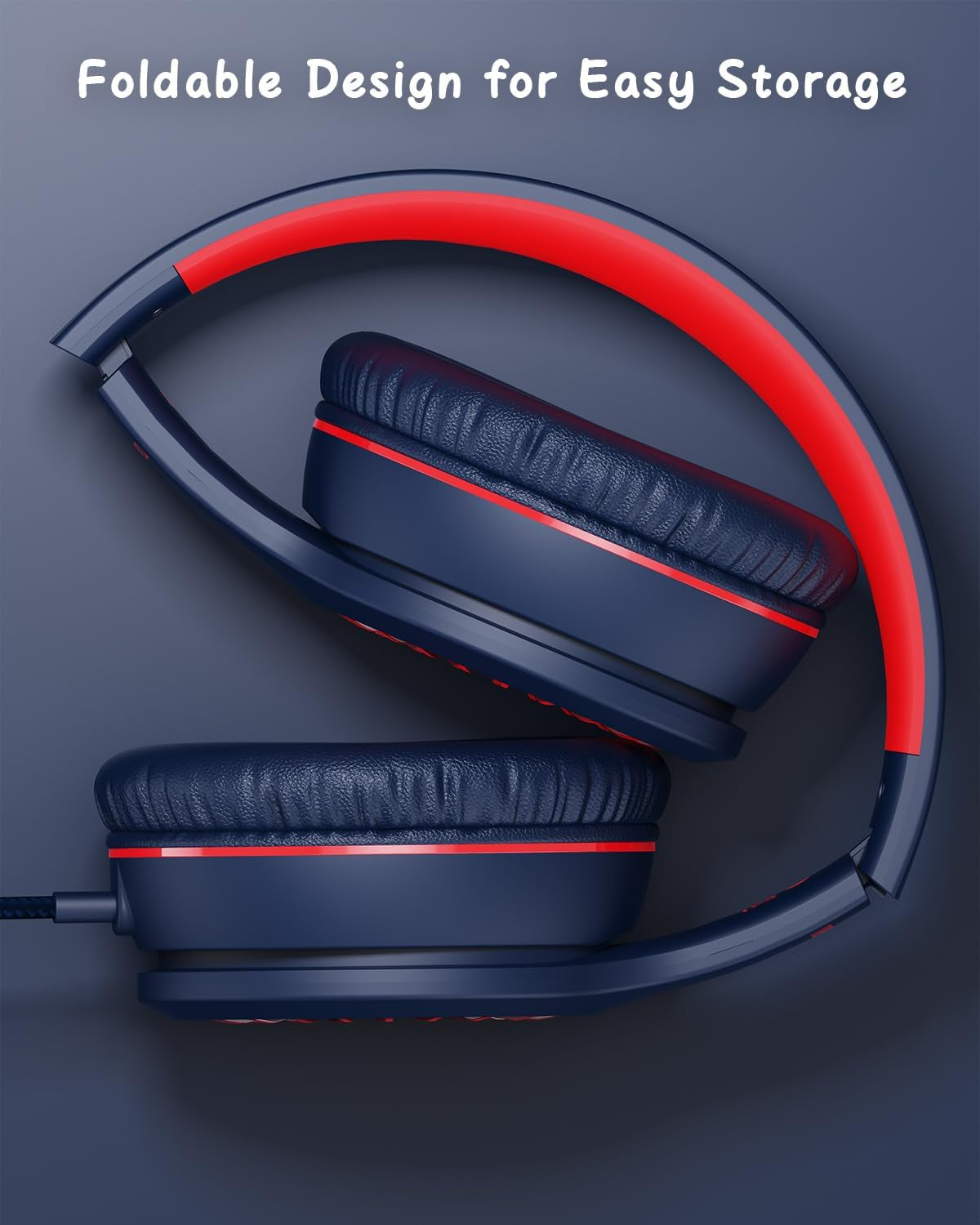 Wired Headphones with Microphone, K16 On-Ear Headphones for Kids with 3.5MM Jack, Foldable Stereo Bass Headphones for Teens School Amazon Kindle, Fire, Chromebook, Tablet(Dark Blue Red)