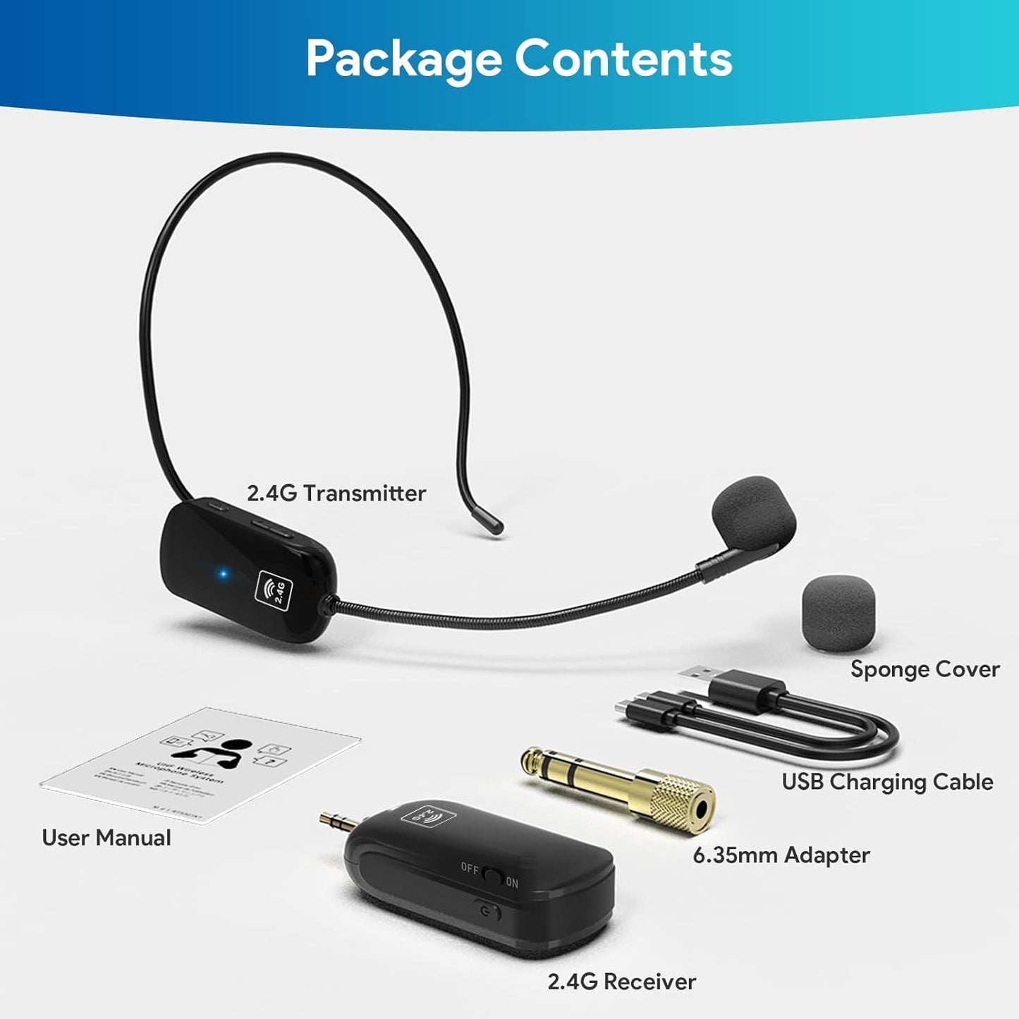 Wireless Microphone Headset, 2.4G Wireless Headset Mic and Handheld Mic 2 in 1, 165Ft Range, 1/8''&1/4'' Plug, for Speakers, Voice Amplifier, PA System
